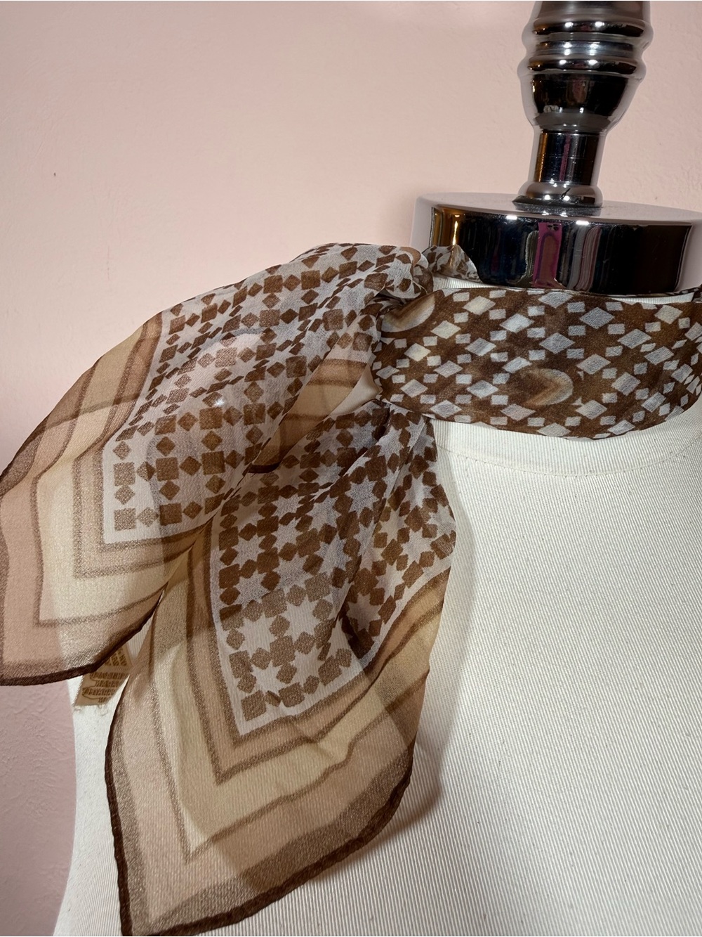 Vintage camel brown semi sheer star rattan art deco neckerchief square scarf